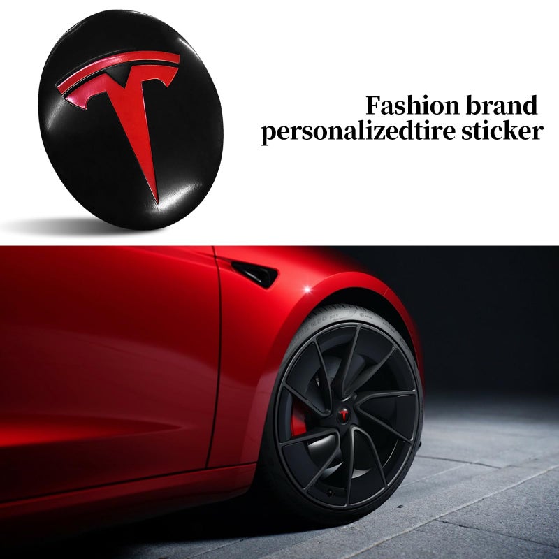 Knomix 4 عبوات من الألومنيوم المقاوم للماء لغطاء العجلة ملصق شعار مركزي لطراز Tesla 3 موديل Y 56 مم Hubcaps غطاء حافة العجلة (خلفية سوداء غير لامعة + شعار أحمر) - Image 4